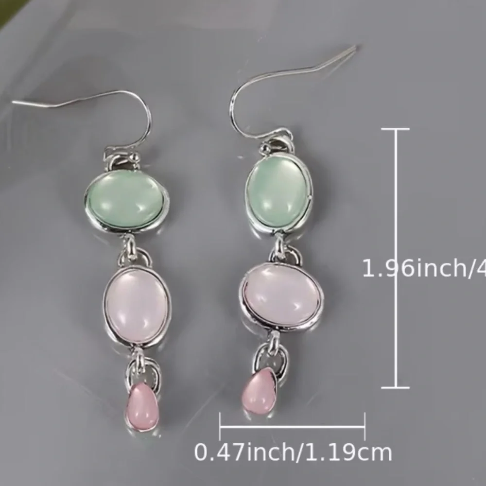 Silver Drop Earrings with Mint Green and Soft Pink Stones - Picture 3 of 3
